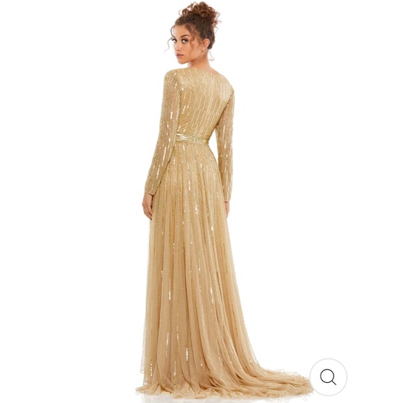 Mac Duggal SEQUINED V NECK ILLUSION SLEEVE A LINE GOWN - Picture 2 of 10